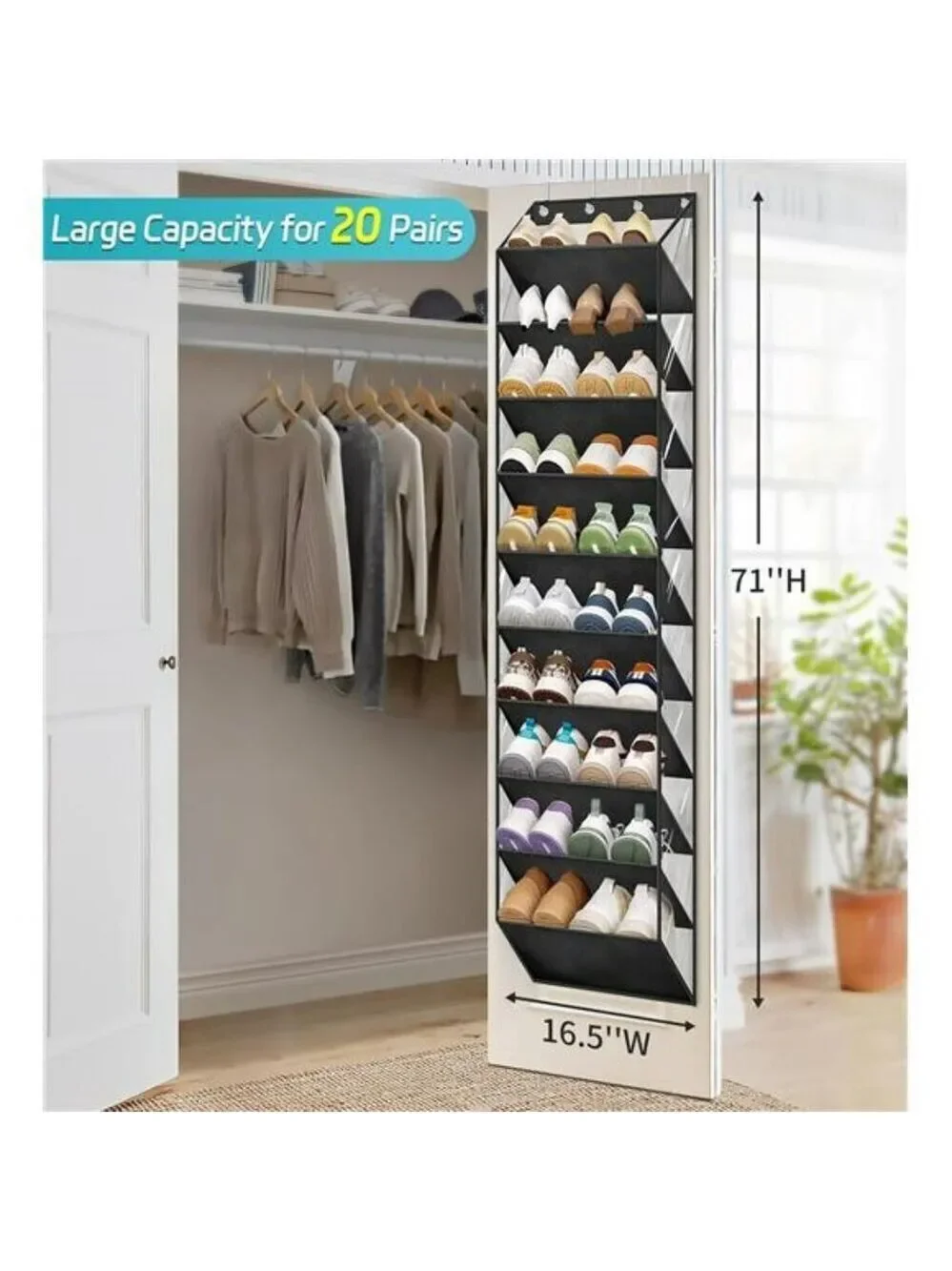 Over Door Shoe Organizer 10 Tier Hanging Rack 20 Pair Storage for Closet